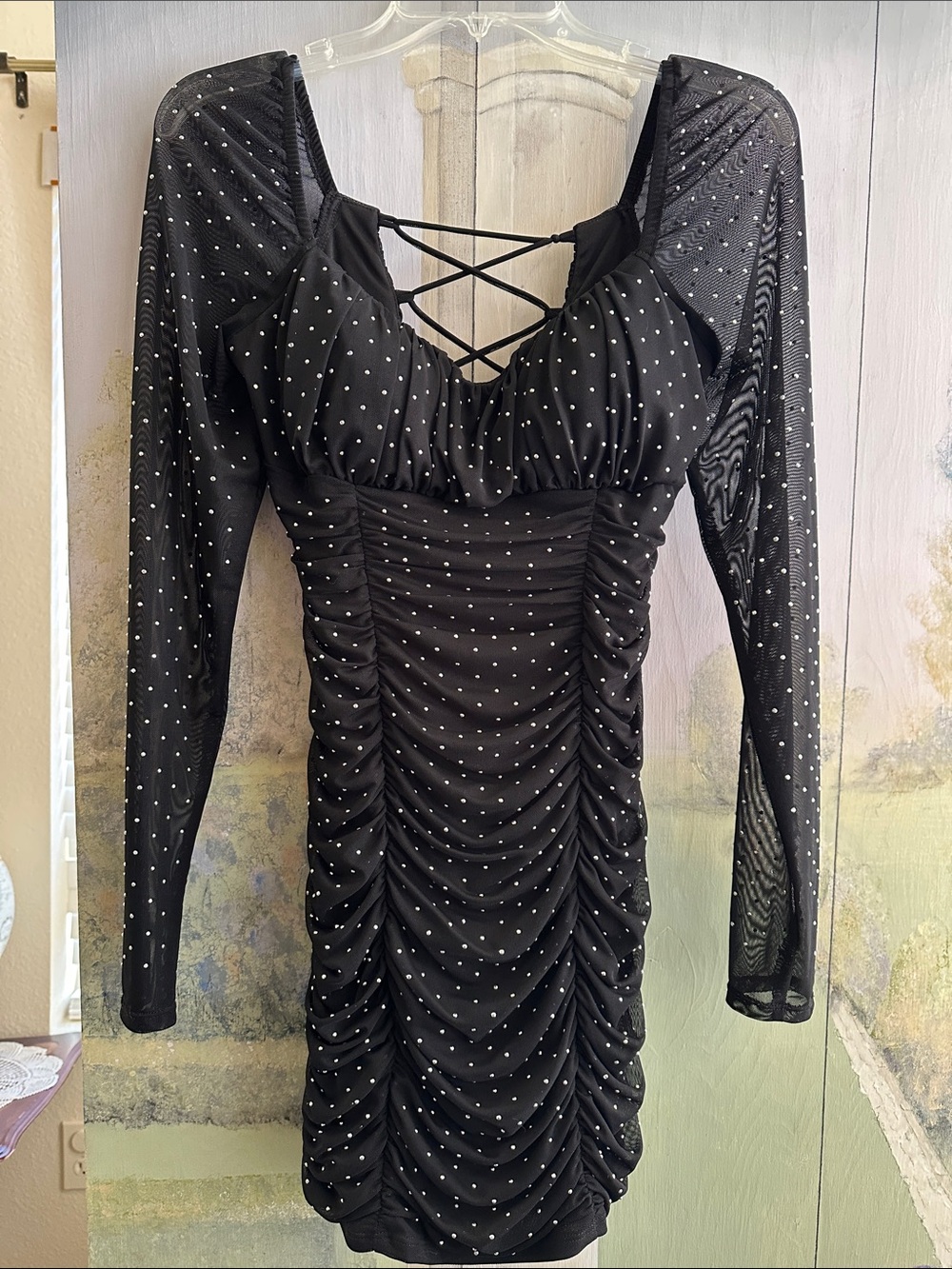 City Studio Black Rhinestone Ruched Long-Sleeve Lace-Up Dress